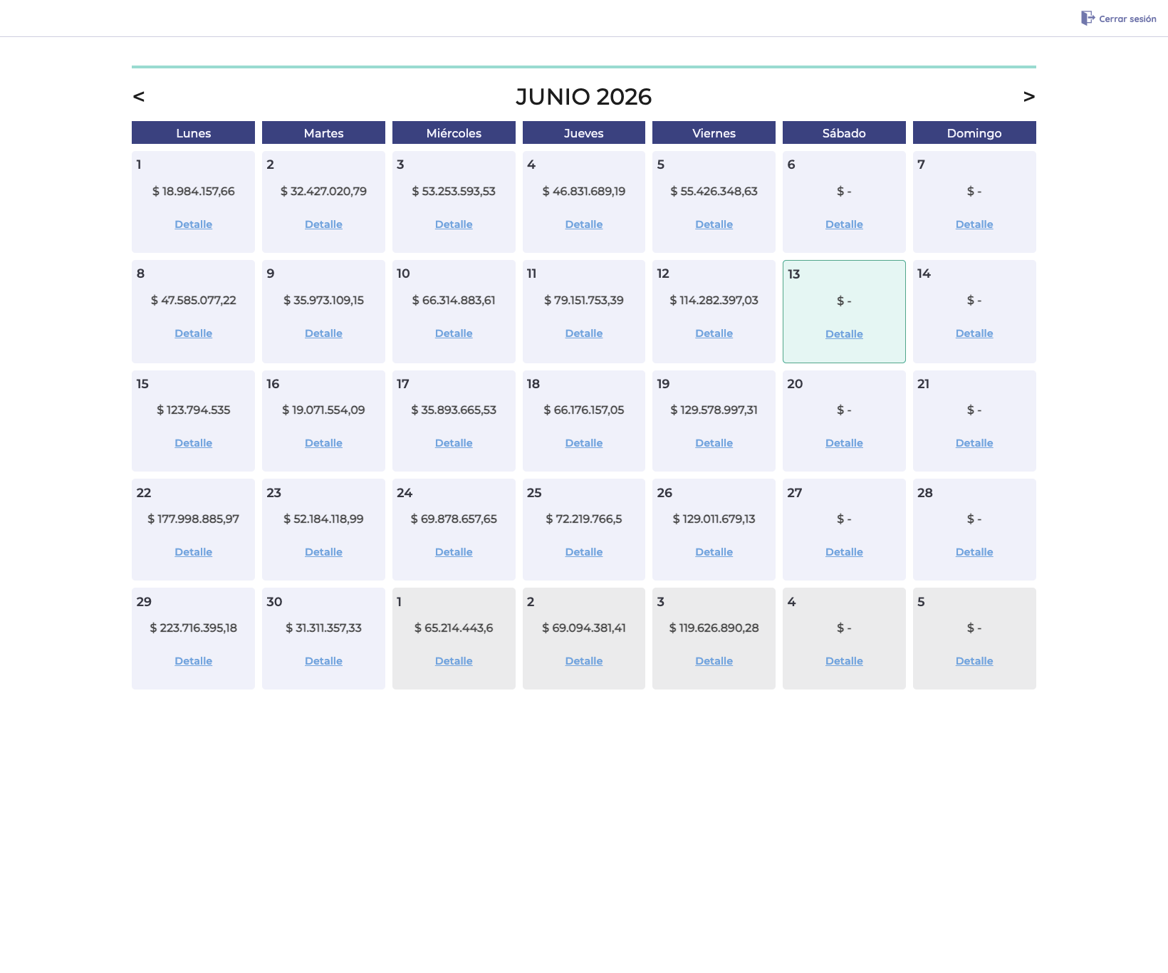 e-cobros calendar interface
